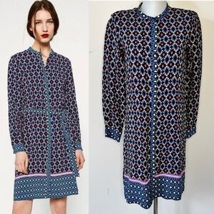 Zara Dress Geometric Printed Blue Aztec Moroccan Long Sleeve Button Down Sz M